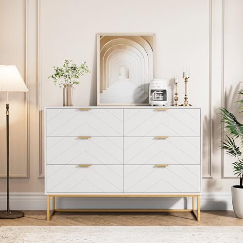UEV Commode avec 6 Tiroirs 100cm, Meuble de Rangement, Motif de Lignes, Style Scandinave Elégant, pour Salon, Chambre, Salle à Manger, 100x34x73,5cm, Blanc