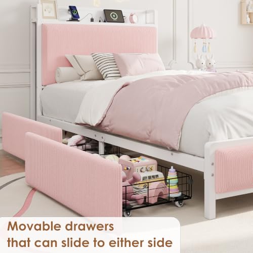 Image of GAOMON Twin Size Bed Frame with 2 Drawers and Charging Station, Pink
