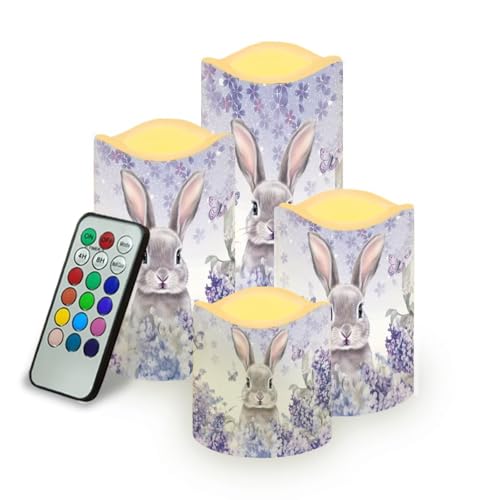 Image of Easter Bunny Purple Floral Plastic Flameless Candles with Remote Control and Timer LED Flickering Battery Electric Pillar Candles for Table Easter Decoration