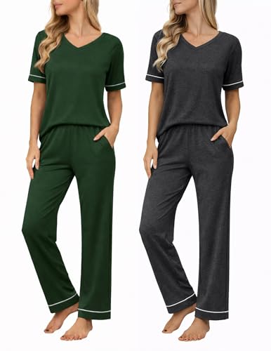 Image of Ekouaer Womens Pajama Set Short Sleeve Pajamas Top and Pants V Neck Pjs Set Soft Loungewear with Pockets