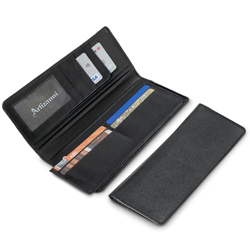 Leather Wallets for Men and Women, RFID Handmade with 22 Card Slots, 4 Bill Compartments & 1 Zippered Pocket, Leather, Minimalist Plaid Black Long Wallets,3.5” W x 8” H x 0.252