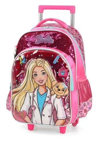 Mochila Escolar, Infantil, com Rodinha, Barbie, G, Pink - Luxcel