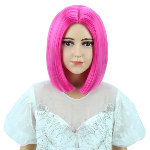 Hot Pink Wigs for Kids Girls Neon Pink Wig Child Magenta Short Middle Part Wigs for Kids Synthetic Wigs for Daily Party Halloween Use