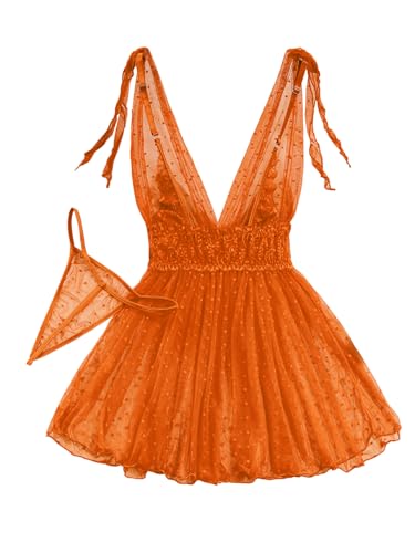 Image of Lilosy Sexy Polka Dots Mesh Sheer Lace Babydoll Chemise Lingerie Set Floral Sleep Wear