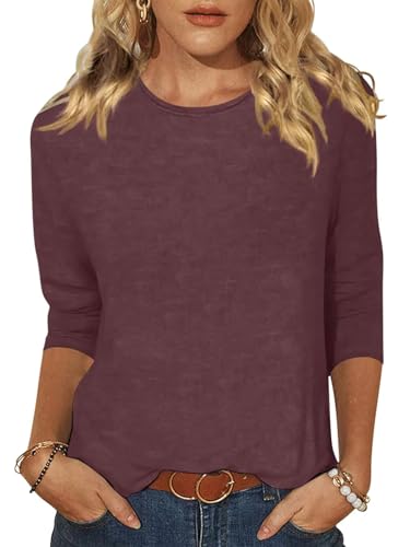 EADINVE Women's Casual 3/4 Sleeve T-Shirts Round Neck Cute Tunic Tops Basic Tees Blouses Loose Fit Pullover Wine