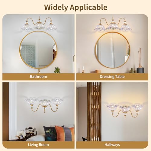 Image of Vintage Bathroom Vanity Light, 3-Light Matte Brass Finish Vanity Light with Flower-Shaped Rainbow Glass Shades, Retro Wall Sconce for Bathroom