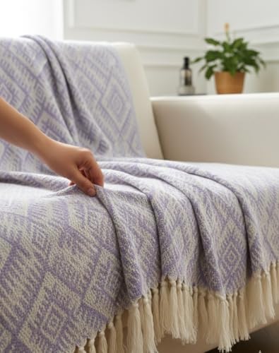 Image of HAKAM Lavender Pure Cotton Throw for 3 Seater Sofa | 100% Cotton |182x248 cm | Light Purple Throw for Sofa, Bed, Chair & Travel - Ideal for All Season | Pack of 1