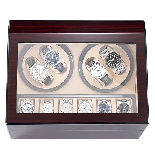 Watch Winder for Automatic Watches, 4+6 Watch Winder Storage Display Box with Wood Shell Piano Finish Japanese Quiet Motor, Flexible Watch Pillows, Watch Case for Man and Woman's Watches Ac Adapter
