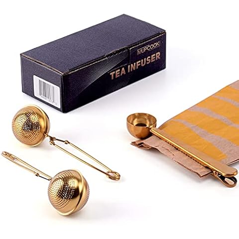 Set of 2 Tea Infusers & 1 Tea Spoon - Gold Stainless Steel Strainer Filter Ball with Perfect Multifuctional Serve Scoop to Brew Loose Leaf Tea, Durable Tea Steeper with Gift Box by MUPCOOK Cover