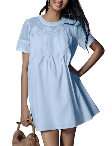 Image of Womens Summer Lace Mini Babydoll Dress Ruffled Collar Short Sleeve Loose Mesh Swing Elegant Flared Sundress