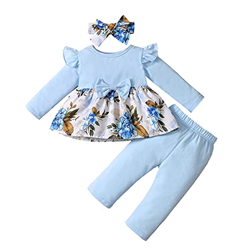Image of Infant Baby Girl Clothes Ruffle Long Sleeve Floral Bow Top Polka Dot Pant Fall Winter Outfits Set with Headband