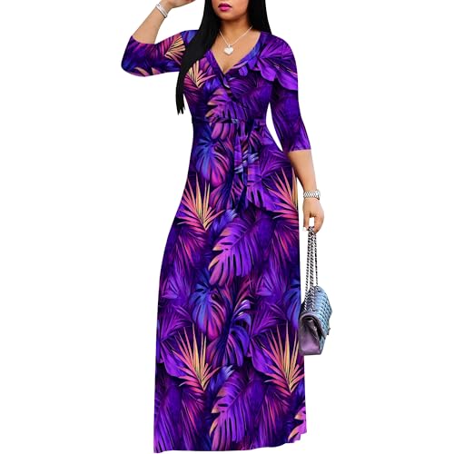 Women's V Neck 3/4 Sleeve Maxi Dress Casual Floral Print Semi Formal Dresses with Belt for Vacation2