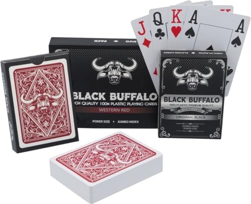 Black Buffalo Playing Cards – Wasserfeste Pokerkarten aus Plastik – 4 Eckzeichen mit Jumbo Index – Doppelpack Schwarz und Rot