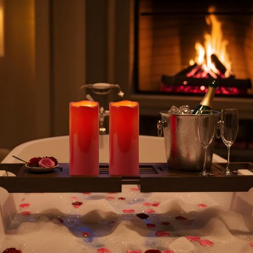 Image of Homemory 4 inchx10 inch Burgundy Flameless Candles, Red Candles, Outdoor Waterproof Flameless Candles with Remote and Timers, Battery Operated LED Pillar Candles, Christmas Decor, Won't Melt Plastic, Set of 2