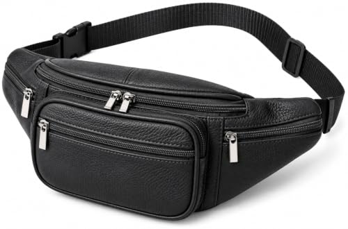 Black Genuine Leather Fanny Pack for Women and Men, Medium Waist Bump Crossbody Bag