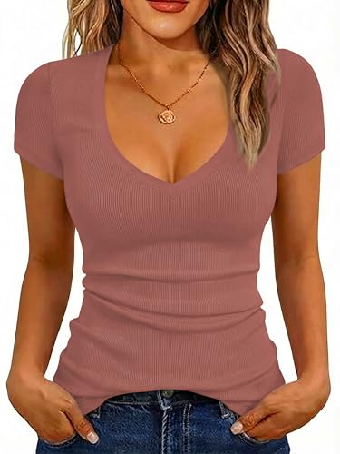 Image of Albe Rita Women Short Sleeve T-Shirt Cap V Neck Shirts for Women Ribbed Casual Top Knit Slim Fit for Summer