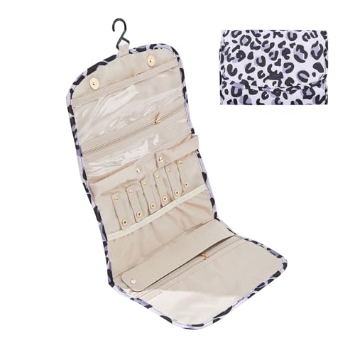 Periea 'Cleo' Organisateur de Bijoux en Rouleau de Voyage – Boucles d’oreilles portables, Collier et Bagues Protecteur de Pochette (Léopard Argenté, Grand)
