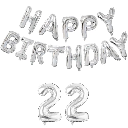 Image of Flyloons 22nd Silver Colour Happy Birthday Foil Balloon Set for 22 Year Old Boys Girls Men Women | with Number Twenty-two | 13 Letters Reusable Happy Birthday Metallic Foil Balloons Decoration Kit
