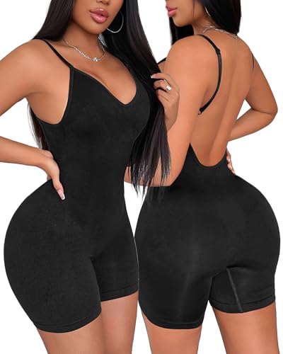 La mejor selección de Lencería moldeadora para Mujer del mes. 47 Body sin espalda para mujer, sin costuras, con control de abdomen y espalda abierta para vestidos, ropa interior moldeadora de cuerpo de corte bajo, Negro -, L