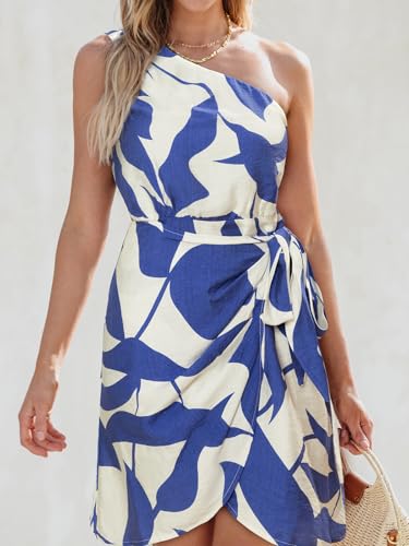 Image of CUPSHE Women's One Shoulder Leaf Print Self-tie Short Dress Sleeveless Tiered Hem Formal Dress Casual Mini Dress