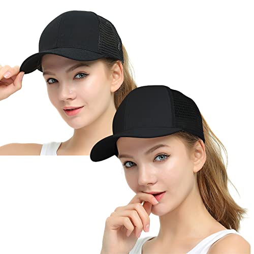 ProMindFun Gorras de béisbol desgastadas con cola de caballo para mujer, sin construir, gorro de papá lavado, para niñas, 16-2 sombreros (malla negra)