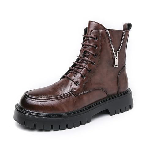 Men's Genuine Leather Round Toe Lace Up Oxford Shoes Side Zipper Platform Combat Boots with Lug Sole Comfortable Ankle Chukka Boots for Fall Winter Outdoor Military Casual Business Work