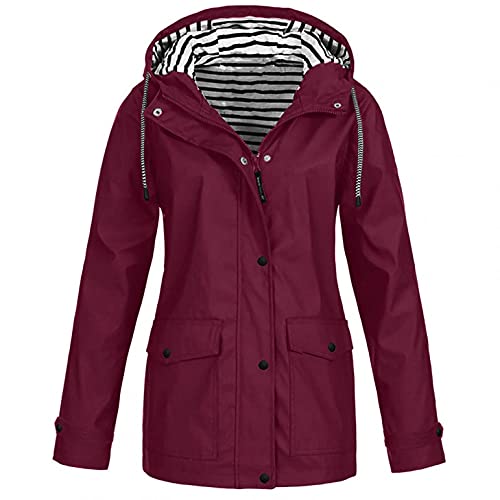 Chaqueta impermeable con capucha para mujer, de manga larga, resistente al viento, cortavientos, ligera, transpirable, abrigo al aire libre, talla grande, Vino G, L