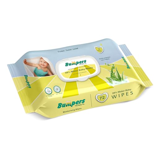 Image of Bumpers Moisturising 99% Water Baby Wipes with Lid, Aloe Vera & Vitamin E | Extra Thick & Moist | Alcohol & Paraben free | pH balanced & Hypoallergenic | 72 Counts