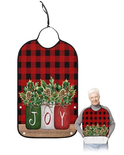 Christmas Plaid Adult Bib for Eating with Crumb Catcher, Winter Buffalo Lattice Berry Washable & Waterproof Terry Cloth Adjustable Elderly Women Men Adult Bibs Funny Apron Reusable Clothing Protector