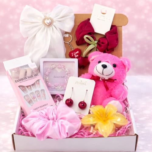 Image of 9-Piece Women's Fashion Jewelry & Hair Accessories Gift Set | Pendant Chain, Pandora-Style Bracelet, Oxidised Jhumki Earrings | Satin Hair Bow, Scrunchie & Big Flower Claw Clip | Perfect For Rakhi Gift | Random Colors & Designs (ZEV GIFT HAMPER)