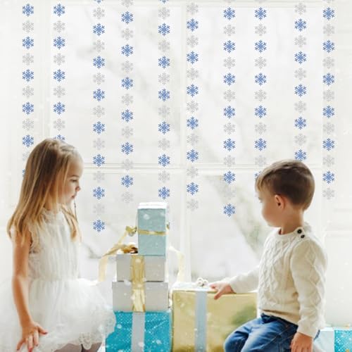Image of Snowflake-Snow Blue-Silver Christmas Party-Decoration Garland - 52ft Winter Wonderland Frozen Ornaments Hanging Paper Streamers,New Years Birthday Baby Shower Ceiling Decor Hugfond