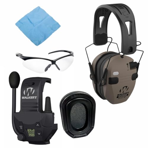 Walker's Razor Slim Quad Electronic Earmuffs with Bluetooth Technology (FDE) Bundle with Razor Walkie Talkie Attachment, Gel Ear Pad (Black), Sport Shooting Glasses, and Cleaning Cloth (5 Items) - Walkers Game Ear