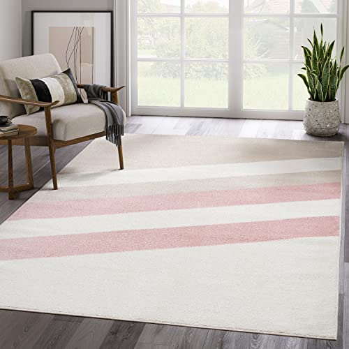 Image of Abani Rugs Ivory and Beige 5’3” x 7’6” (5'x8') Contemporary Rug. Pink Diagonal Lines and Classic Stripes Inspired by mid-Century Design