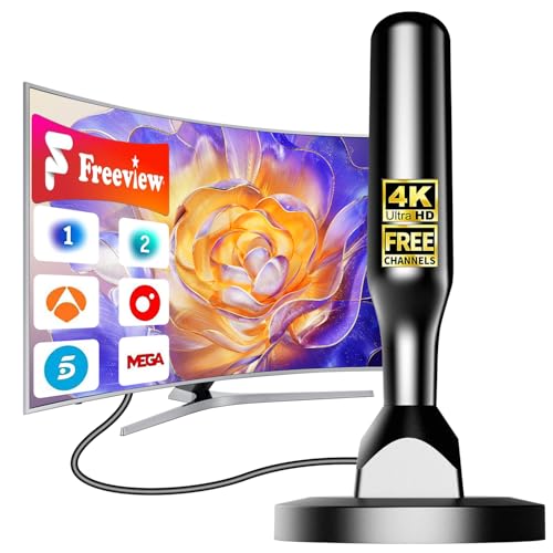Antena TV Interior 2025 – Recepción 360° hasta 460KM, Soporta Canales 4K/1080P, Base Magnética Estable, Fácil Instalación, Compatible con DVB-T2/DVB-T, Canales Gratuitos sin Cable (B-AH75-ES-04)