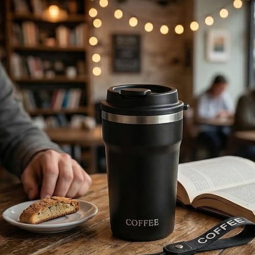 Image of Travel Coffee Tumbler with Lanyard - Insulated Stainless Steel Mug, Leak-Proof, Keeps Hot 6H & Cold 8H - Black, 400 ML