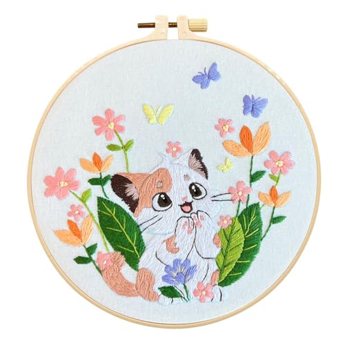 Image of Meecaa Cat Flowers Animals Butterfly Embroidery Kit Starter Set, Hand Embroidery Set,Pattern Printed Cross Stitch Set for Beginner Adults, with Embroidery Hoop and Instructions (Flower 8)