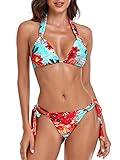 Picture of RELLECIGA Women Triangle Bikini Set Push up High Cut Thong 2 Piece Swimsuit Blue Floral Small