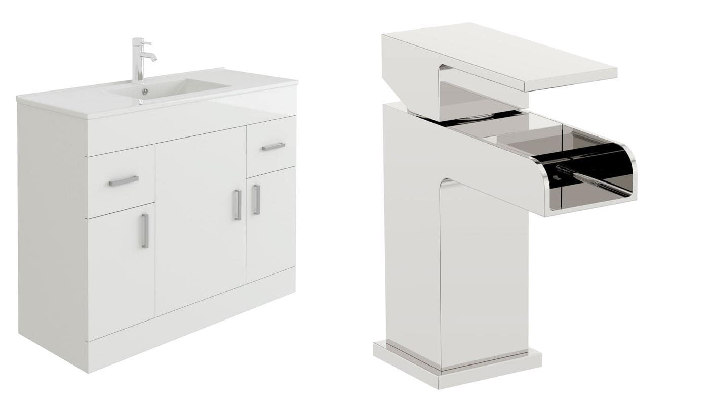 VeeBath Sphinx 1000 Vanity Unit with Basin and Waterfall Mixer Tap, Floor Standing Cabinet Rectangular Ceramic Wash Basin for Bathroom Furniture with 3 Doors and 2 Drawers- Gloss White (Flat Pack)