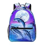 FeHuew Girls Fantasy Galaxy Moon Dolphin Backpack Bookbag 16 Inch Shoulder Bag Daypack For 1-5th Grade