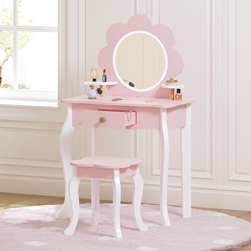 Spirich Kids Vanity, Girls Vanity Set with Mirror and Stool