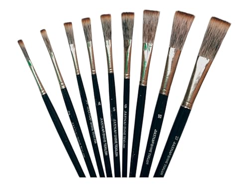 Image of Professional Flat Long Hair Artist Brush Set | Synthetic Nylon Brushes for Calligraphy, Letter Writing, Sign Art, Mural Painting & Long Stroke Detailing | Sizes 1-12, Set of 9