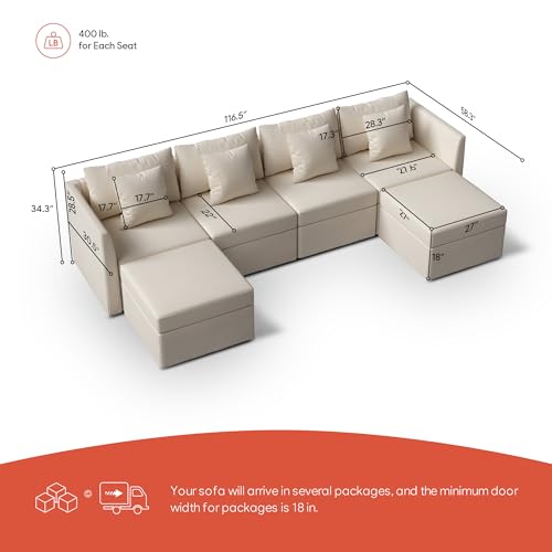 VOLUNCE Modular Sectional Sofa, Convertible U Shaped Couch with Storage Ottoman Throw Pillow, 4 Seat Sofa Set with Double Reversible Chaises, Sectional Sleeper Sofa Bed for Living Room, Beige