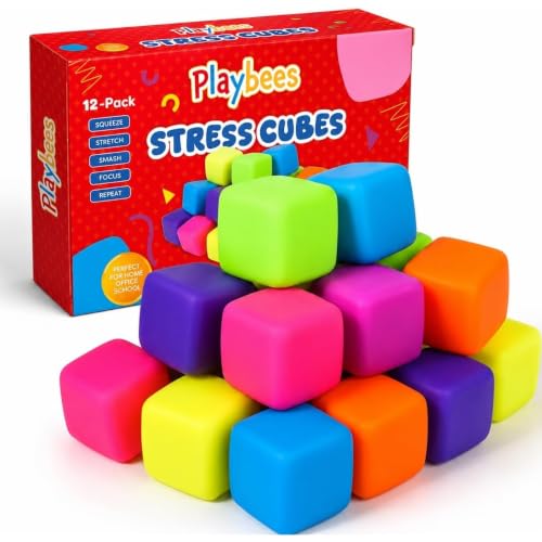 Playbees Stress Cubes 12 Pack, 2 Inch Soft Squeeze Fidget Toys, Assorted Color Sensory Cubes for Kids and Adults, Classroom Prizes, Party Favors, Goodie Bag Stuffers
