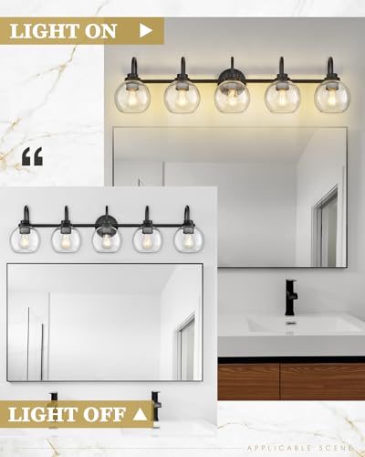Image of Bathroom Light Fixtures, 5-Light Matte Black Vanity Lights with Globe Clear Glass, 35 Inch Modern Vanity Lighting Fixtures Over Mirror, AD-22280-5W-BK