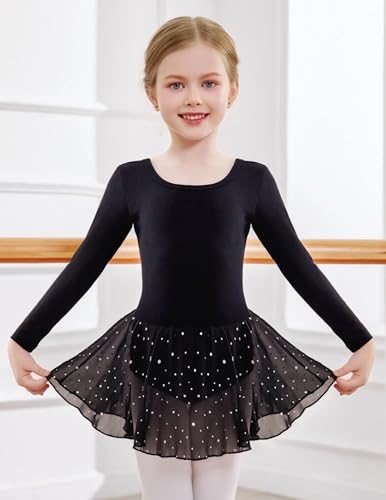 Image of Arshiner Girls Long Sleeve Ballet Leotards with Shinny Skirts Criss-Cross Back Dance Dresses