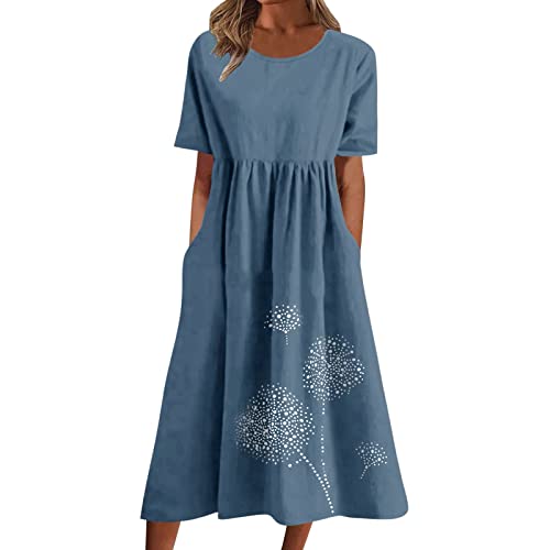 Robe en coton et lin pour femme avec poches et col rond