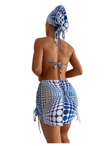 Image of RoseSeek Women's 4 Piece Polka Dots Bathing Suits Cover Up Skirt & Bandana