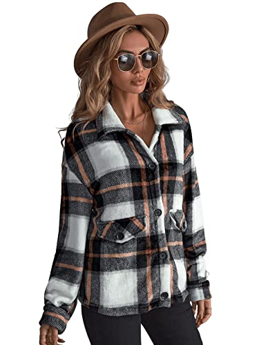 Soly Hux Women's Plaid Flannel Shacket Jacket Long Sleeve Button Down Casual Fall Coats Shirt Black White Plaid M #TOP3