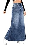 SweatyRocks Women's Casual Raw Hem High Waist Jean Skirt Long A Line Denim Skirts with Pocket Medium Wash S