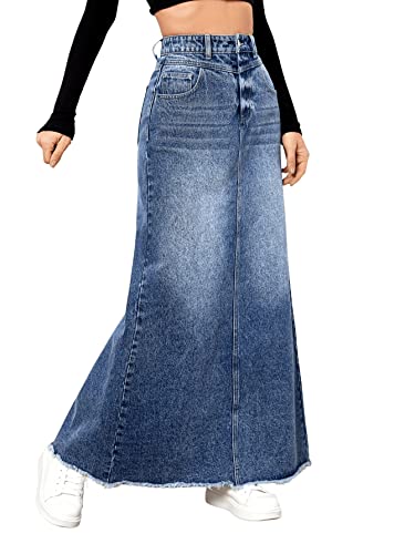 SweatyRocks Women's Casual Raw Hem High Waist Jean Skirt Long A Line Denim Skirts with Pocket